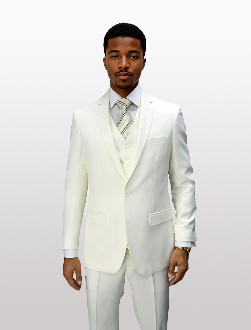 Statement Men's Off White 100% Wool Slim Fit Suit 42 Short / LORENZO-OFFWHT SU