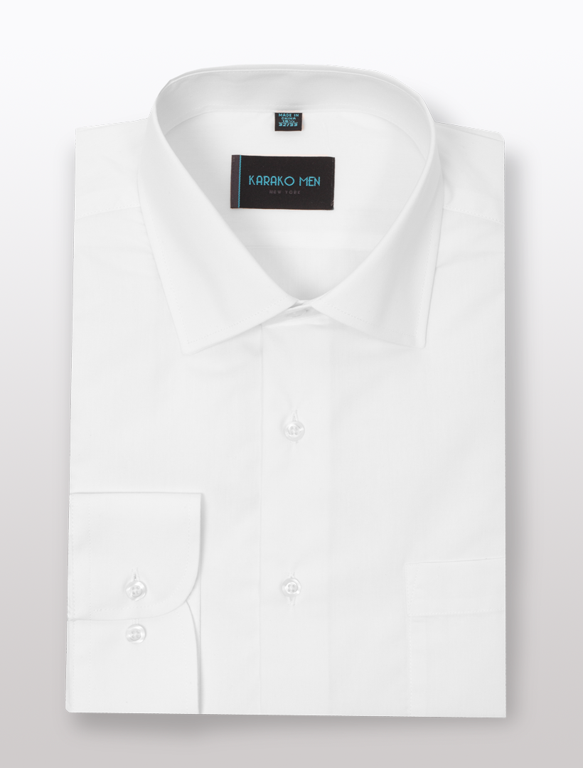 Karako Men White Dress Shirt, featuring a classic fit with a spread collar and buttoned cuffs.