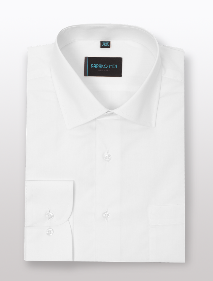 Karako Men White Dress Shirt, featuring a classic fit with a spread collar and buttoned cuffs.