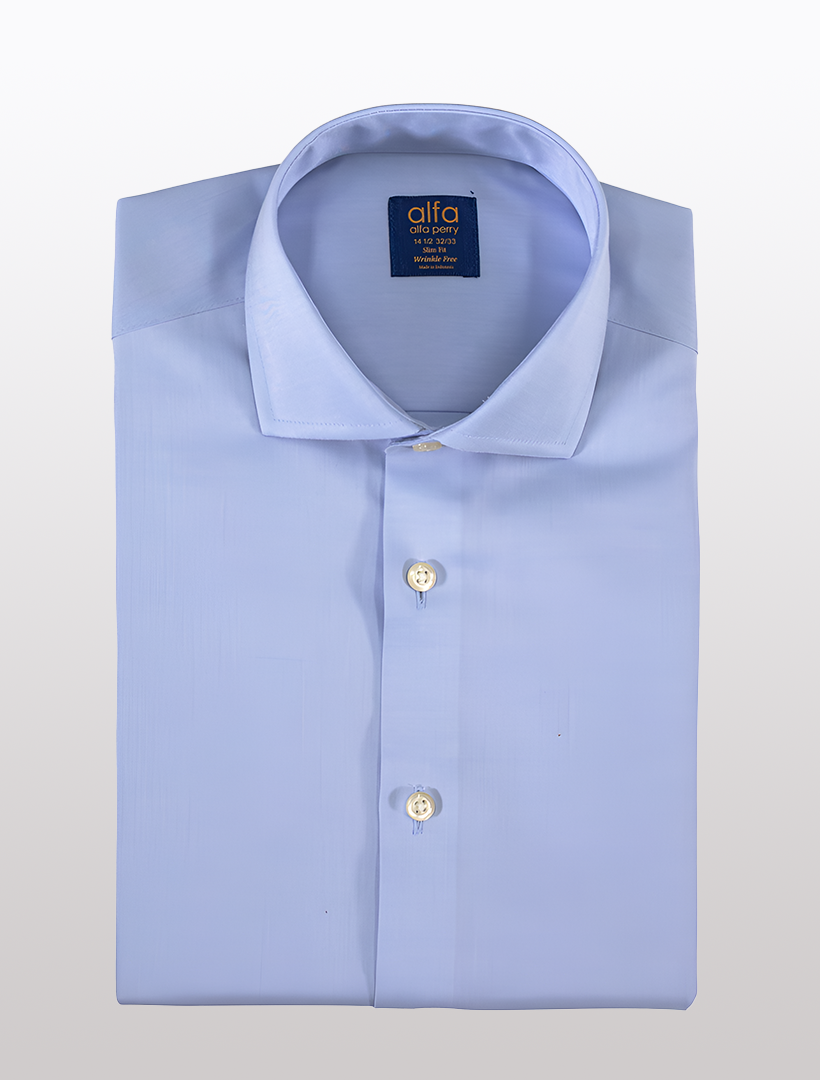 The Alfa Perry Light Blue 100% Cotton Dress Shirt, featuring a slim fit, is neatly folded and displays the brand&