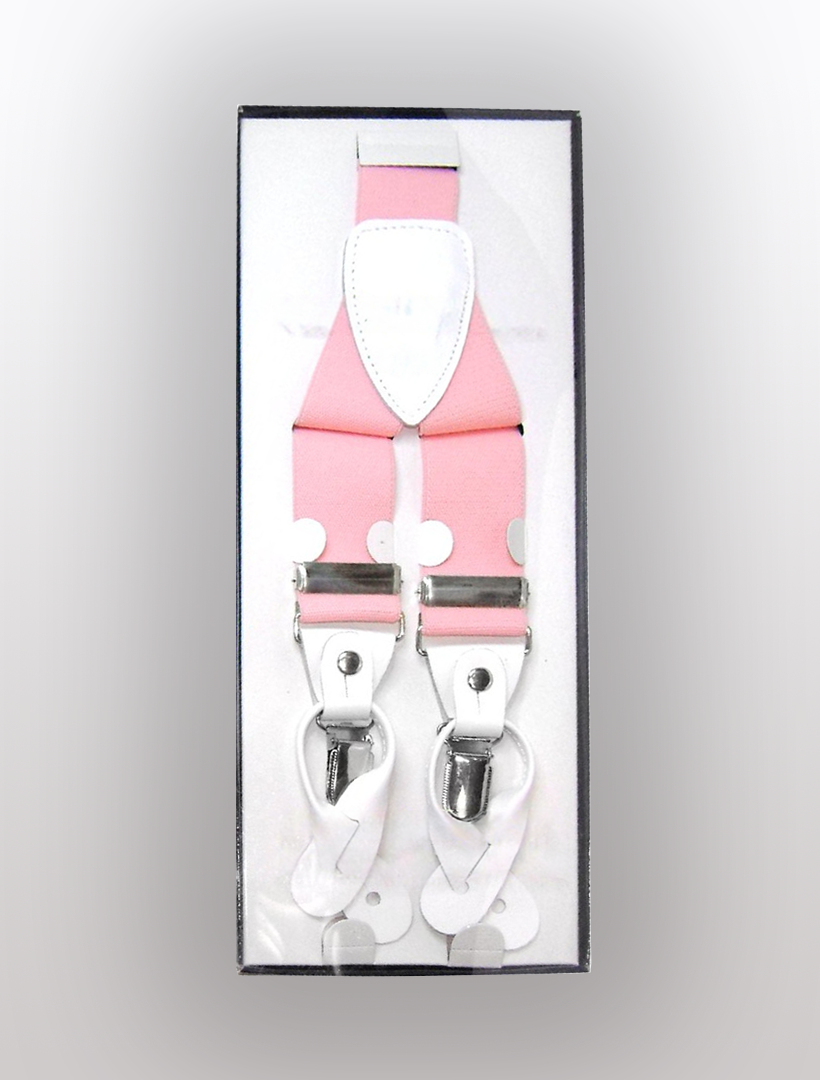 Men's pink suspenders with white polka dots, crafted from woven elastic and featuring silver clips, all from Ckl, come neatly packaged in a clear case.