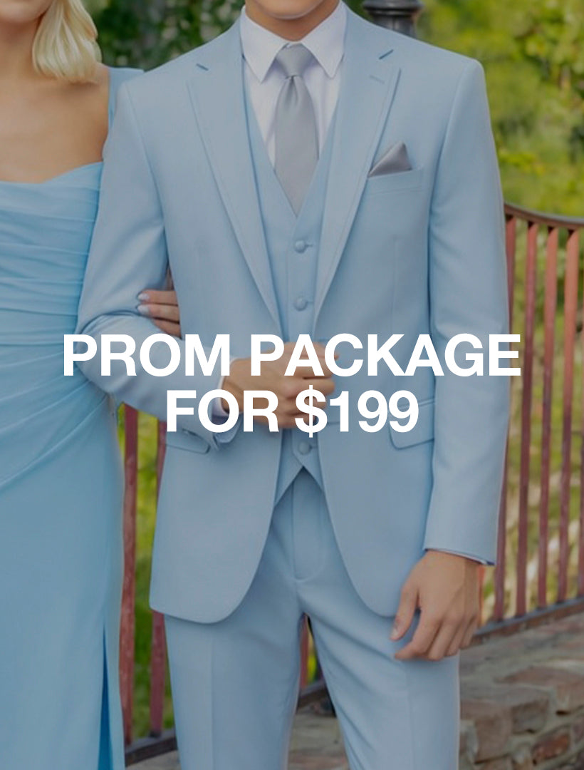 A young man in a light blue Karako Suit stands beside someone in a matching dress, with "PROM PACKAGE FOR $199" across the center, showcasing special bundle discounts from Karako Suits.