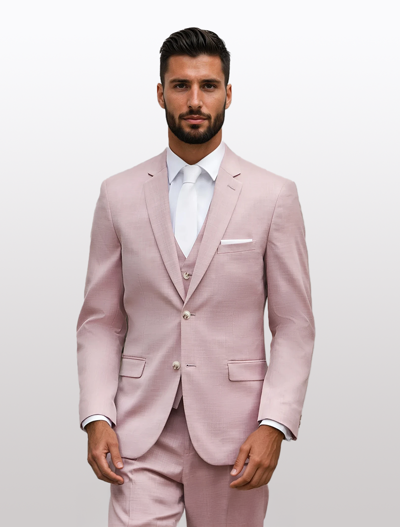 Man wearing the Couture 1910 Men's Rose Suit Jacket made from Tetron Rayon, paired with a white shirt and tie, stands against a plain white background.