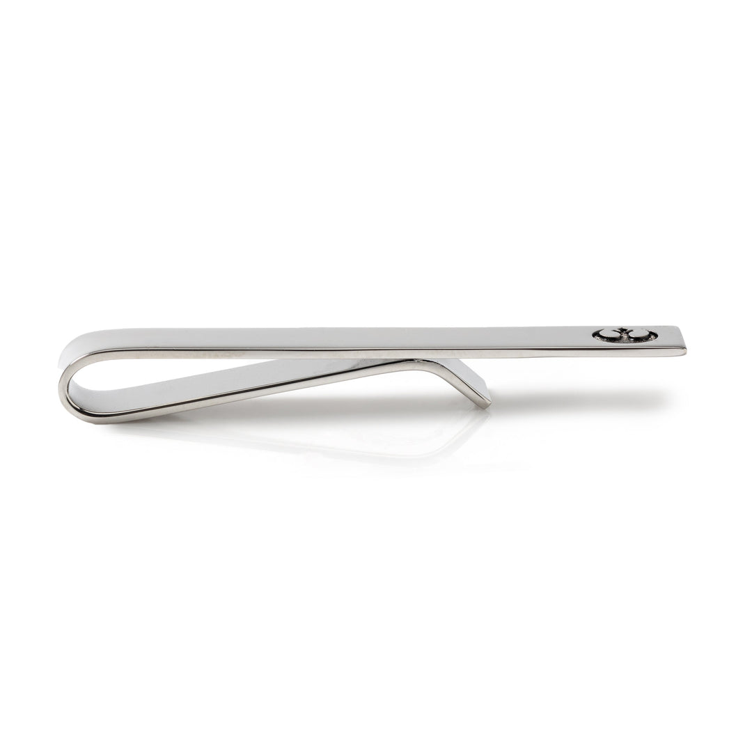 Silver-toned metal Star Wars Rebel Alliance Starbird Crest Tie Bar with a small Rebel Alliance symbol engraved on the end.