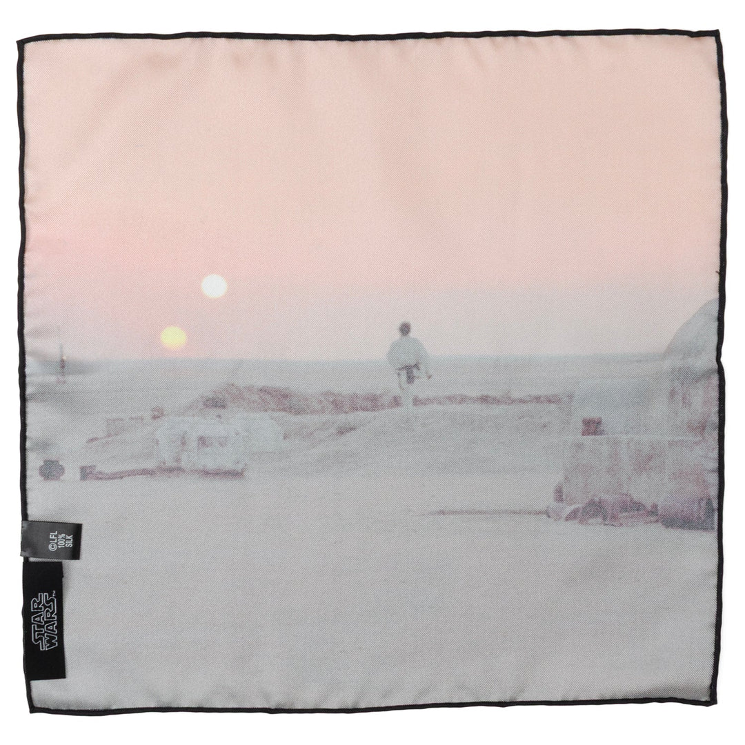 A Star Wars Tatooine Binary Sunset Pocket Square featuring a figure looking toward two suns on a desert horizon.