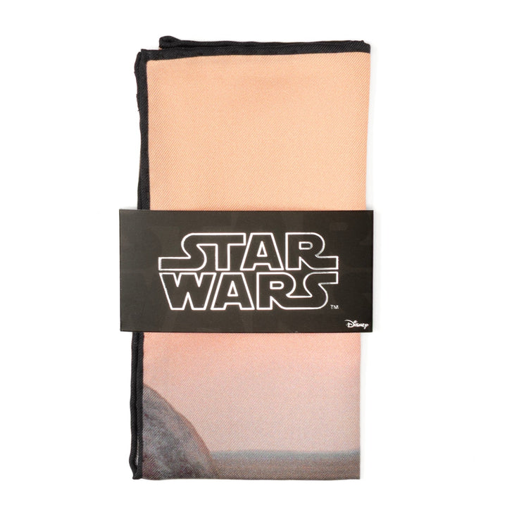 Star Wars Tatooine Binary Sunset Pocket Square featuring a printed landscape, secured with a Star Wars branded paper sleeve.