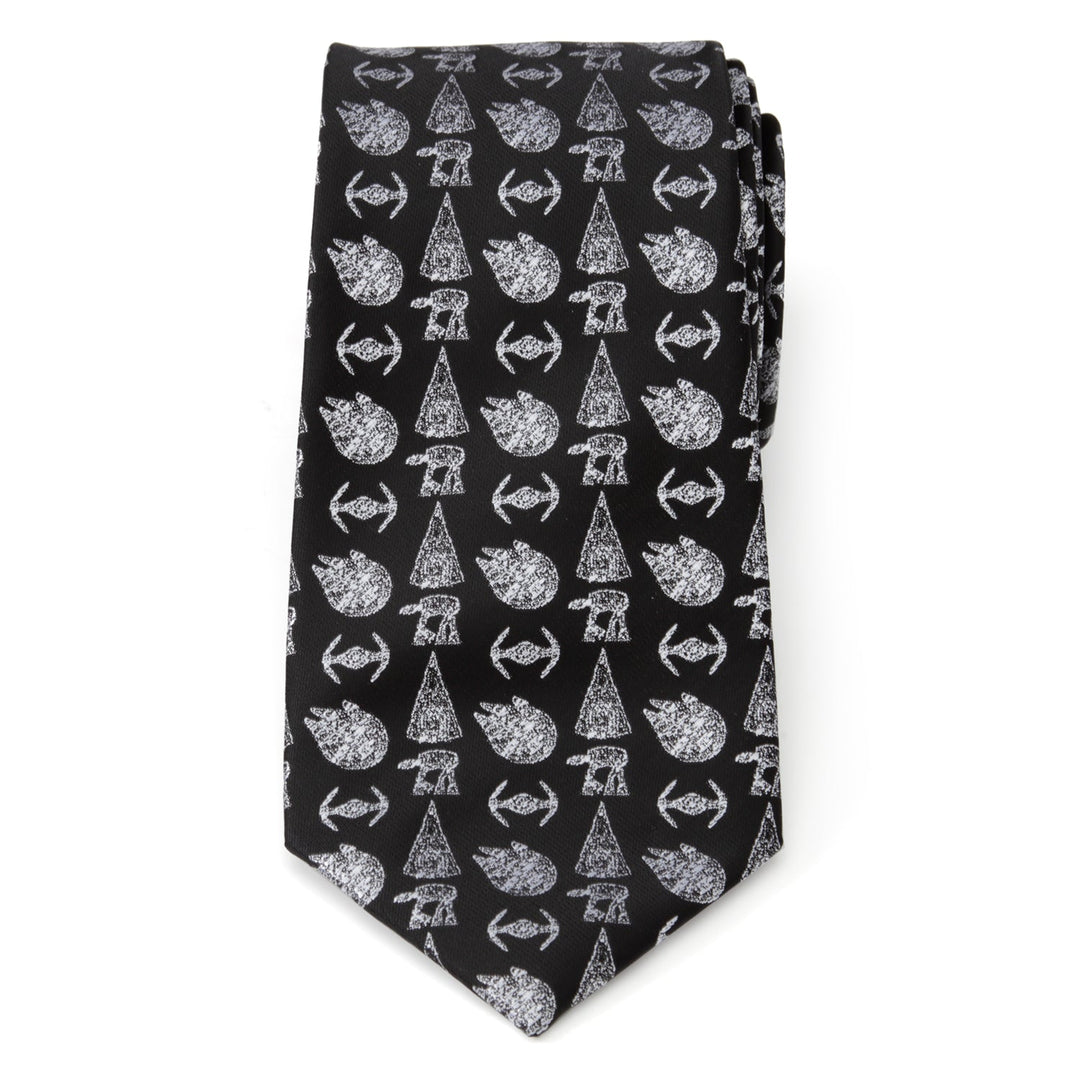 Star Wars Ships Black Tie featuring a repeating white pattern of spaceships and walkers.