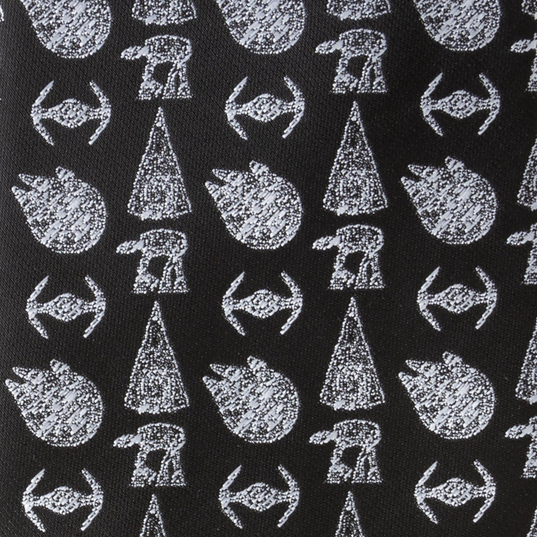 Star Wars Ships Black Tie featuring silver icons of spaceships and walkers.