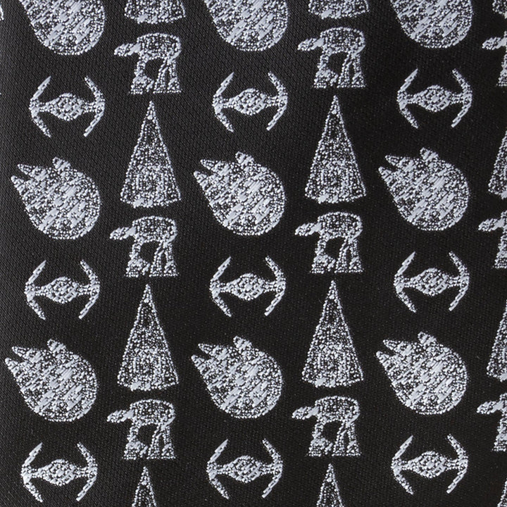 Star Wars Ships Black Tie featuring silver icons of spaceships and walkers.