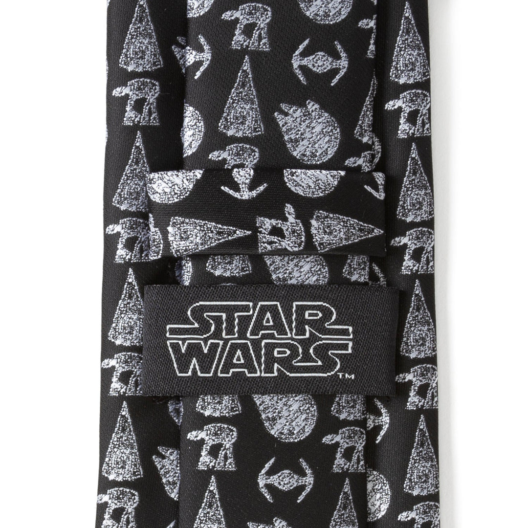 Star Wars Ships Black Tie featuring a black repeating pattern of silver spaceships and a logo patch on the keeper loop.