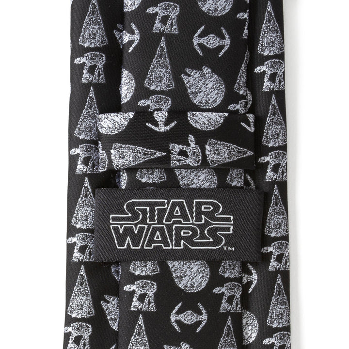 Star Wars Ships Black Tie featuring a black repeating pattern of silver spaceships and a logo patch on the keeper loop.