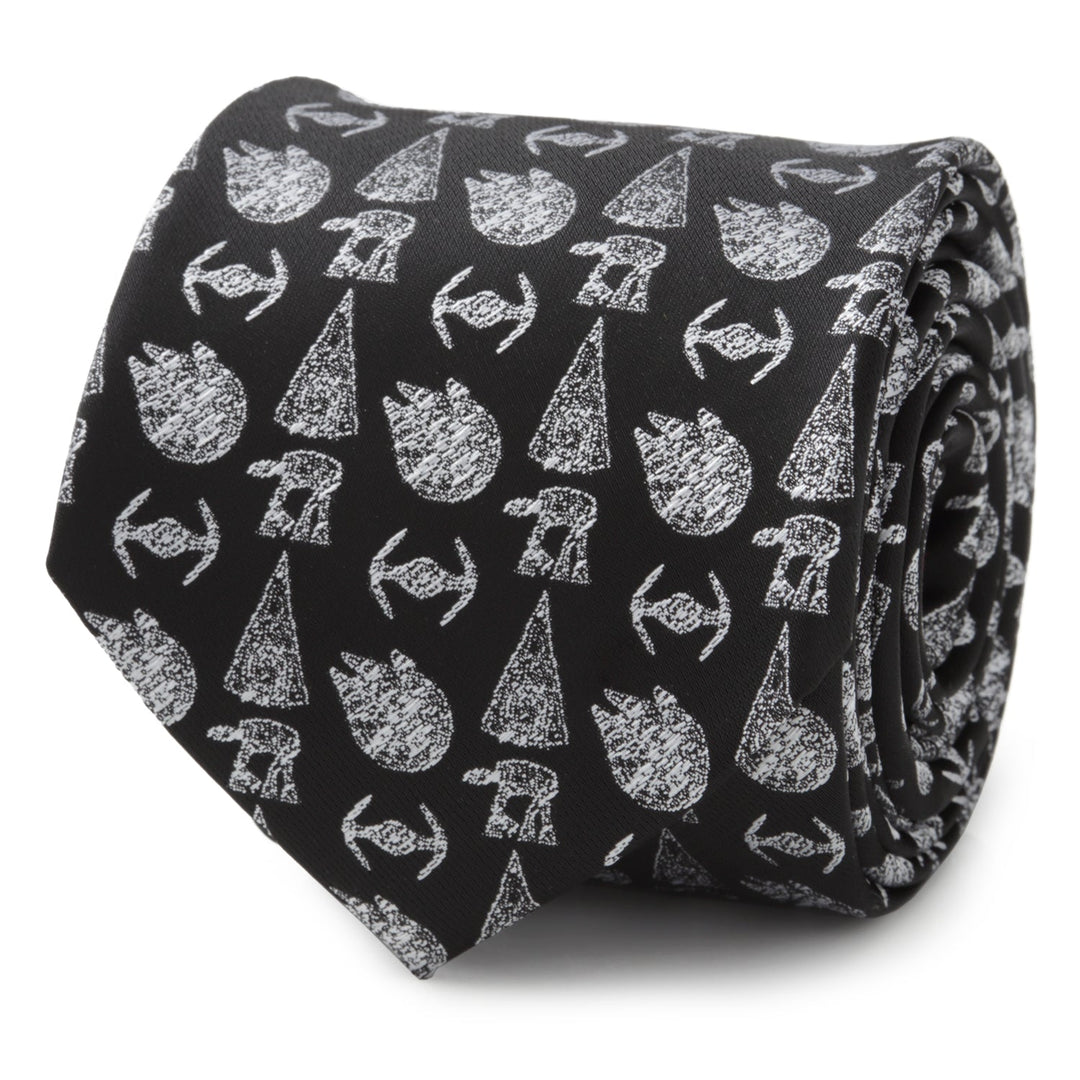 A black Star Wars Ships Black Tie rolled into a coil, featuring a repeating white pattern of Star Wars spacecraft and walkers.
