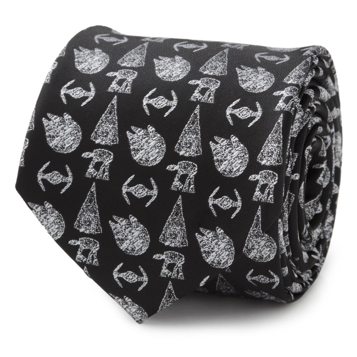 A black Star Wars Ships Black Tie rolled into a coil, featuring a repeating white pattern of Star Wars spacecraft and walkers.