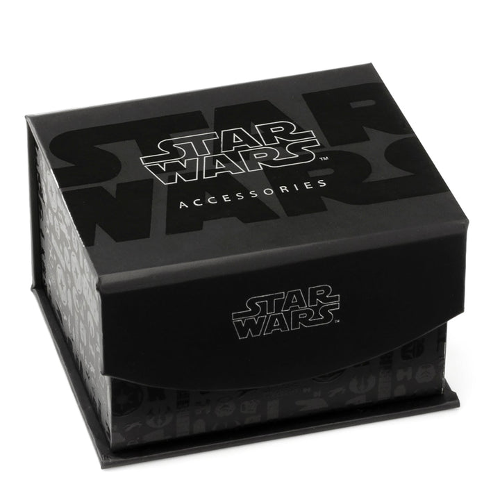 A black gift box for Star Wars Rebel Alliance Starbird Crest Blue and Red Cufflinks, featuring the logo on the lid and front with a pattern of Star Wars-themed icons on the sides.