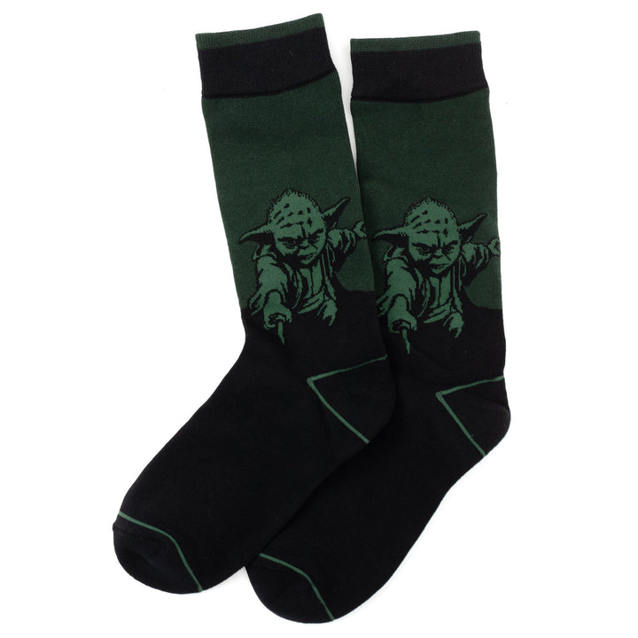 Black and green Star Wars Yoda, R2-D2, and C-3PO Dress Socks 3-Pack with Rebel Crest Lapel Pin Gift Set featuring an image of Yoda.