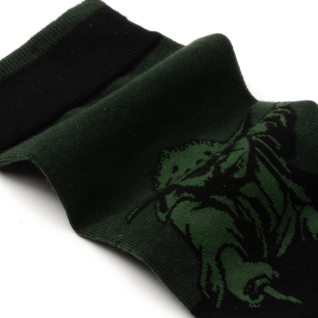 Dark green men’s Star Wars Yoda, R2-D2, and C-3PO Dress Socks 3-Pack with Rebel Crest Lapel Pin Gift Set sock featuring a black graphic of Yoda.