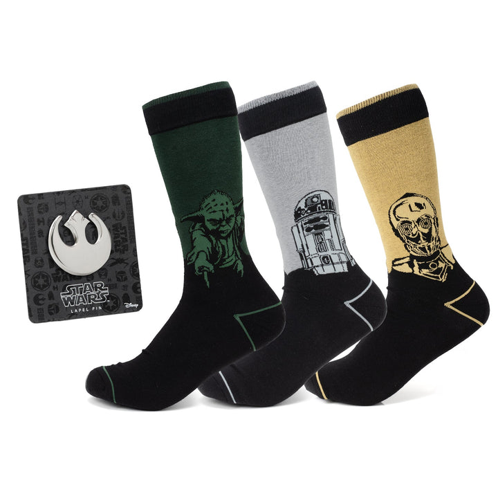 Star Wars Yoda, R2-D2, and C-3PO Dress Socks 3-Pack with Rebel Crest Lapel Pin Gift Set featuring three pairs of crew socks and a silver Rebel Alliance lapel pin on a branded card.