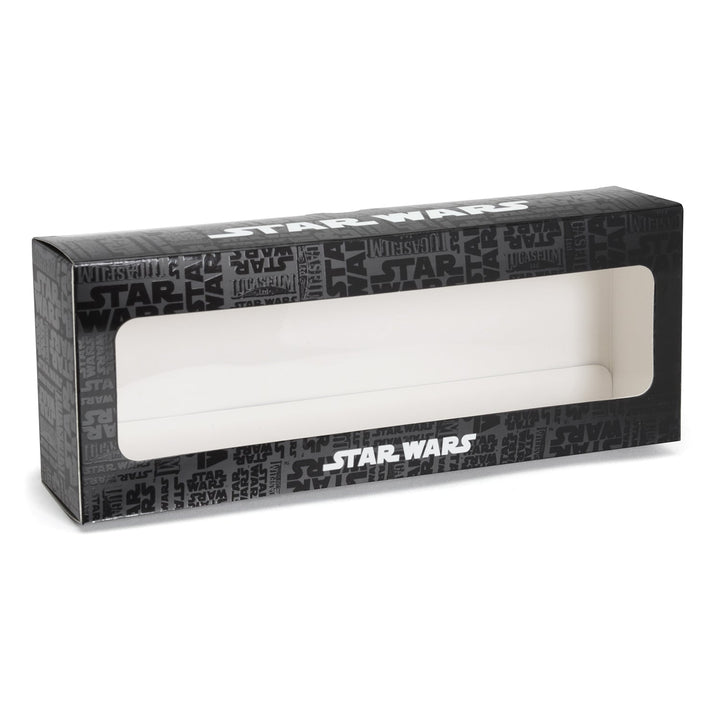 Empty rectangular black gift box for the Star Wars Yoda, R2-D2, and C-3PO Dress Socks 3-Pack with Rebel Crest Lapel Pin Gift Set, featuring a clear display window.