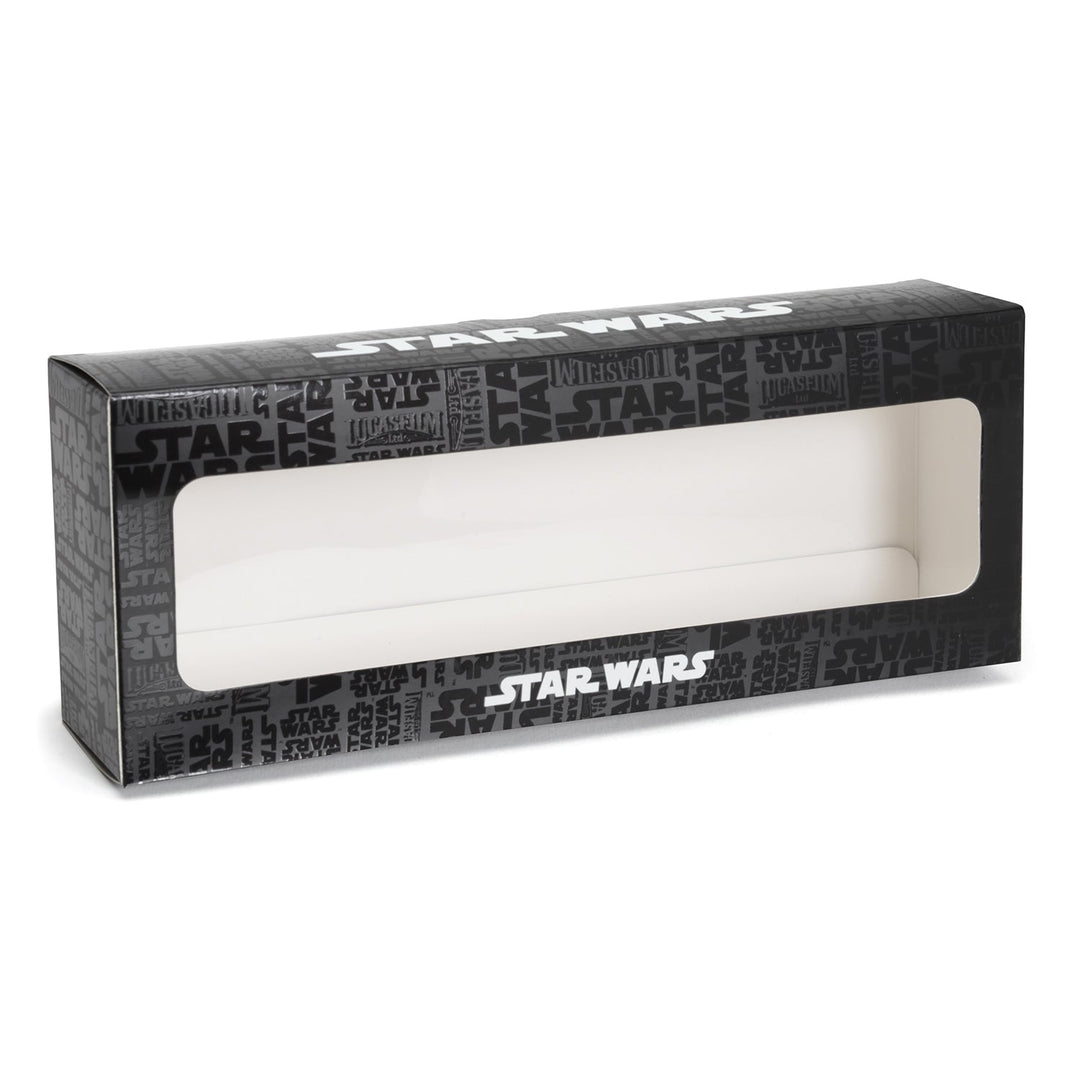 Empty black rectangular Star Wars Transport 3 Pack Sock &amp; Lapel Pin Gift Set box with a clear front window and repeated white logos.
