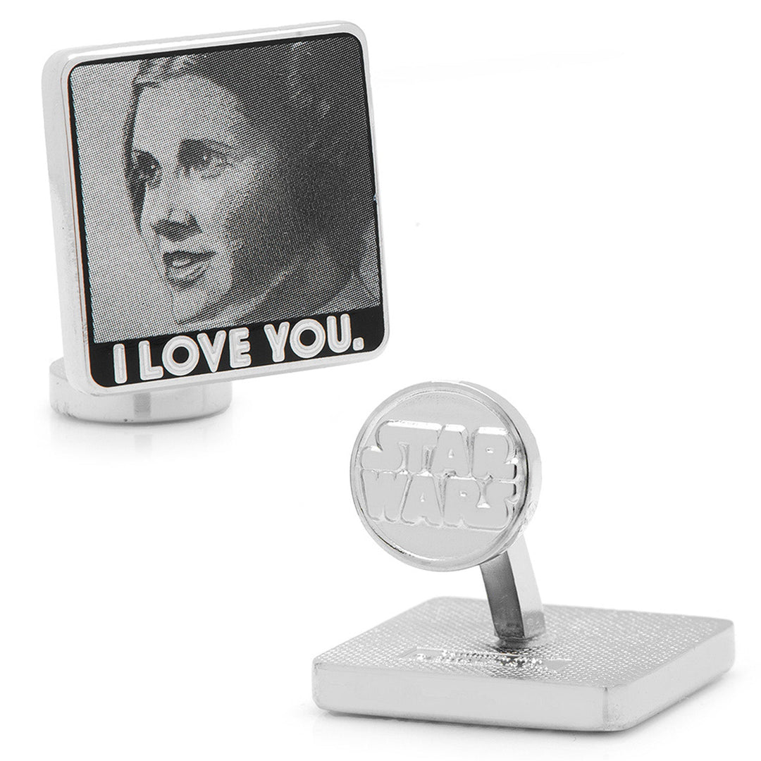 Square Star Wars Princess Leia and Han Solo “I Love You / I Know” Photo Cufflinks featuring a black and white image of Princess Leia with the text “I LOVE YOU,” and the logo on the circular swivel backs.