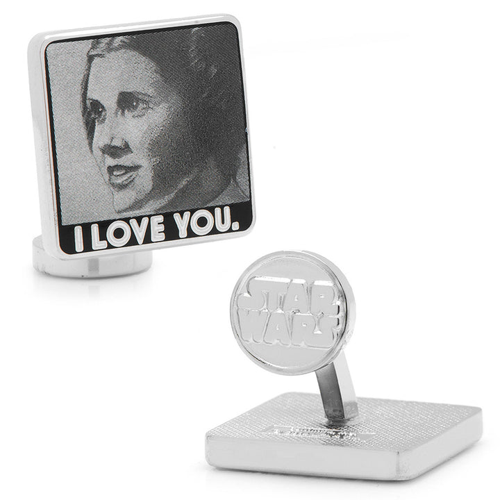 Square Star Wars Princess Leia and Han Solo “I Love You / I Know” Photo Cufflinks featuring a black and white image of Princess Leia with the text “I LOVE YOU,” and the logo on the circular swivel backs.