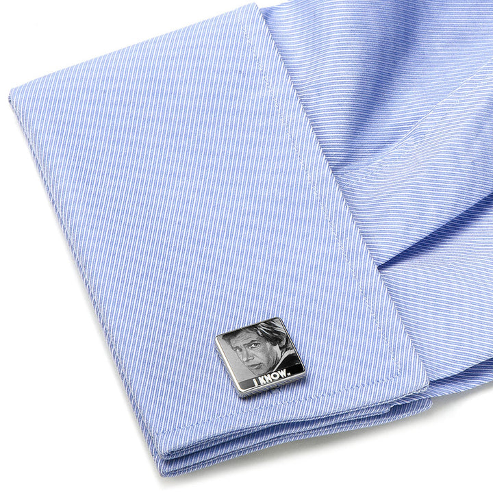 Square Star Wars Princess Leia and Han Solo “I Love You / I Know” Photo Cufflinks featuring Han Solo with the text “I KNOW” on a blue dress shirt cuff.