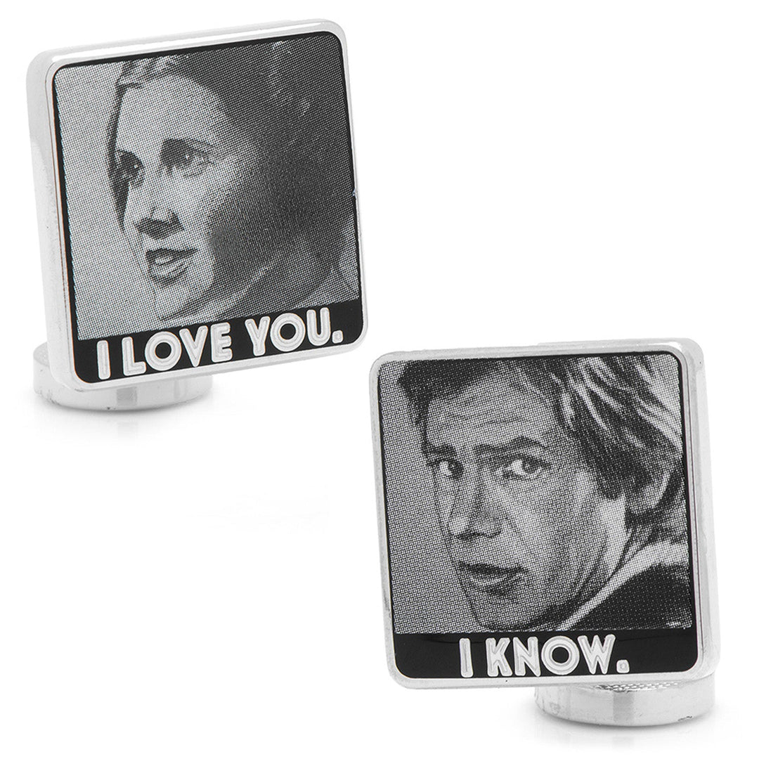 Star Wars Princess Leia and Han Solo “I Love You / I Know” Photo Cufflinks: two square cufflinks, one featuring Princess Leia with “I LOVE YOU” and the other featuring Han Solo with “I KNOW.”