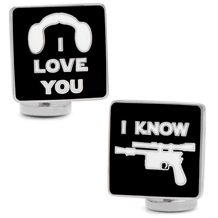 Star Wars Princess Leia and Han Solo “I Love You / I Know” Icon Cufflinks featuring a square white outline of Leia’s hair buns above “LOVE YOU” and a white blaster silhouette above “I KNOW.”