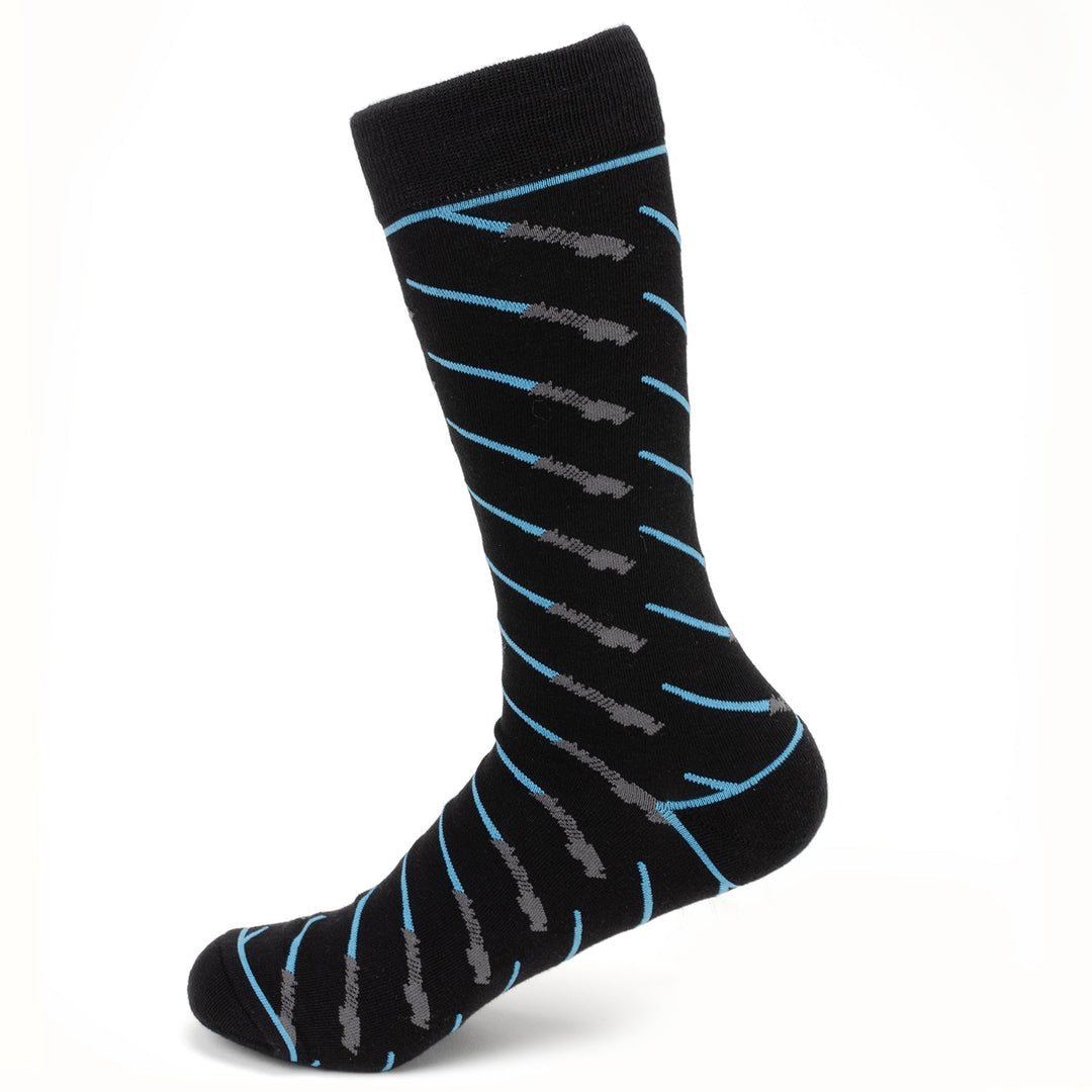 Star Wars Obi-Wan Kenobi Blue LIGHTSABER Pattern Black Dress Socks featuring diagonal rows of grey lightsaber hilts and blue blades.