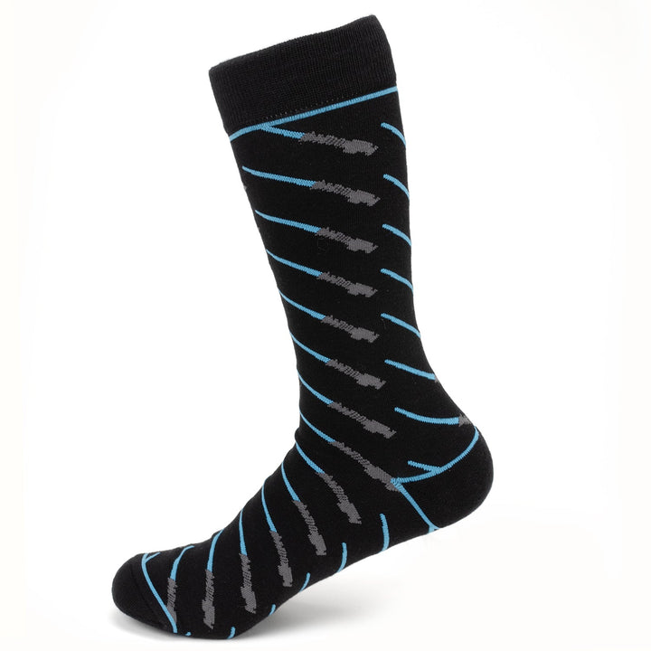 Star Wars Obi-Wan Kenobi Blue LIGHTSABER Pattern Black Dress Socks featuring diagonal rows of grey lightsaber hilts and blue blades.