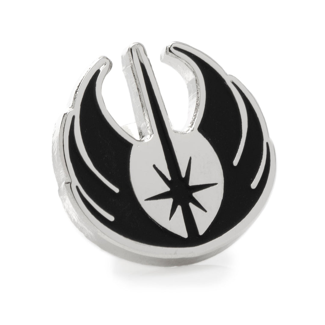 Star Wars Obi-Wan Kenobi Blue LIGHTSABER Pattern Black Dress Socks with Jedi Crest Lapel Pin Gift Set featuring a silver Jedi Order symbol lapel pin with black inlay.