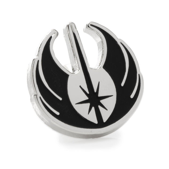 Star Wars Obi-Wan Kenobi Blue LIGHTSABER Pattern Black Dress Socks with Jedi Crest Lapel Pin Gift Set featuring a silver Jedi Order symbol lapel pin with black inlay.