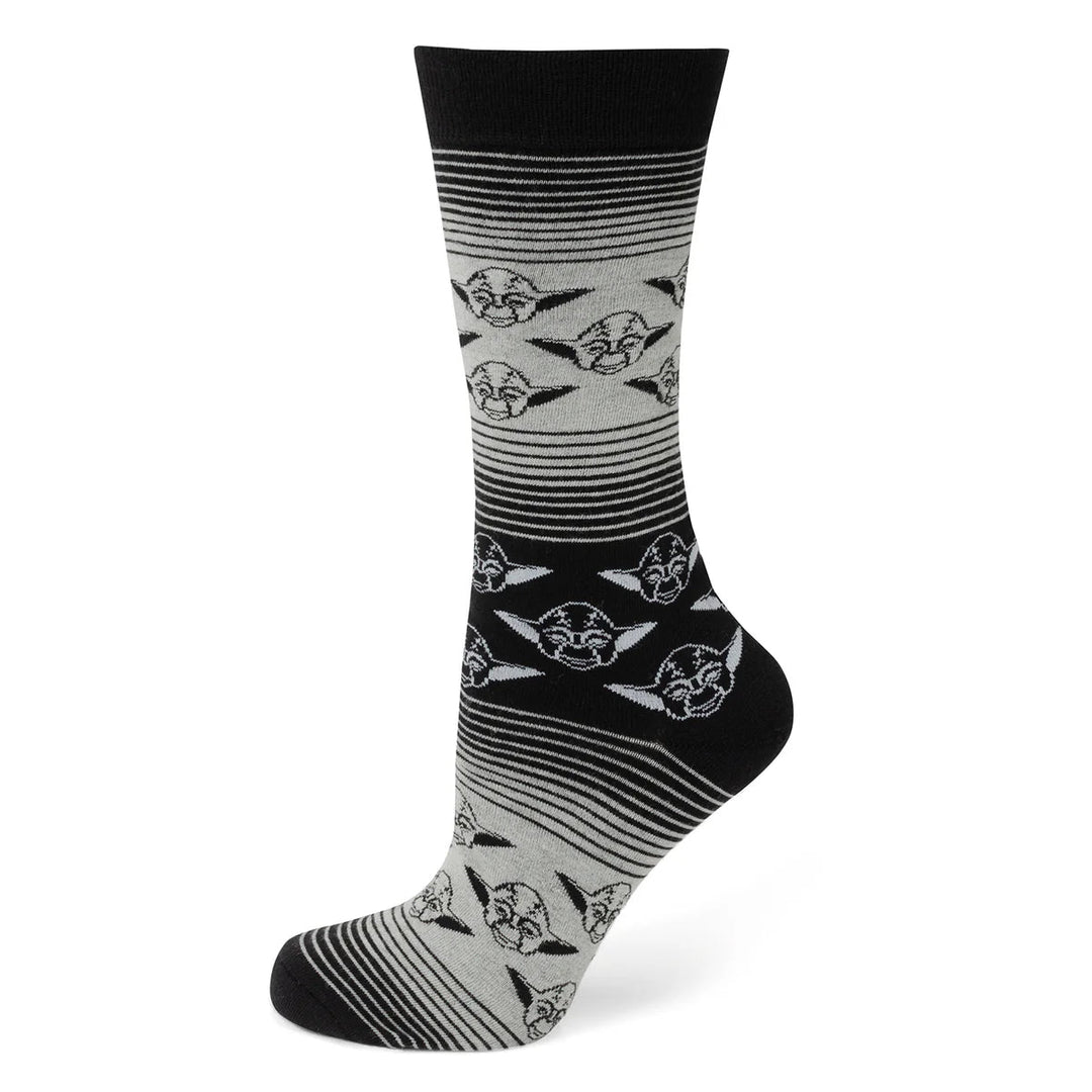 Star Wars Yoda Gray and Black Ombre Pattern Dress Socks with Jedi Crest Lapel Pin, featuring an ombre striped pattern and a repeating Yoda face motif.