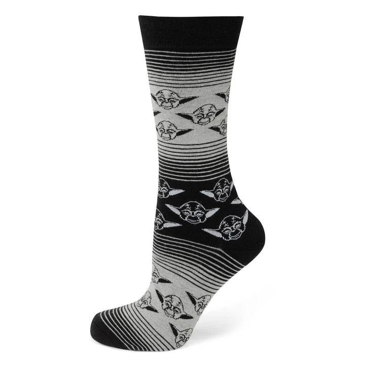 Star Wars Yoda Gray and Black Ombre Pattern Dress Socks with Jedi Crest Lapel Pin, featuring an ombre striped pattern and a repeating Yoda face motif.