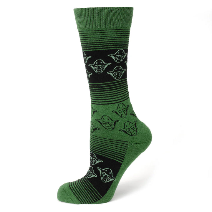 Star Wars Yoda Green and Black Ombre Pattern Dress Socks with Jedi Crest Lapel Pin featuring a green and black Yoda pattern, horizontal stripes, and a small Jedi symbol lapel pin.