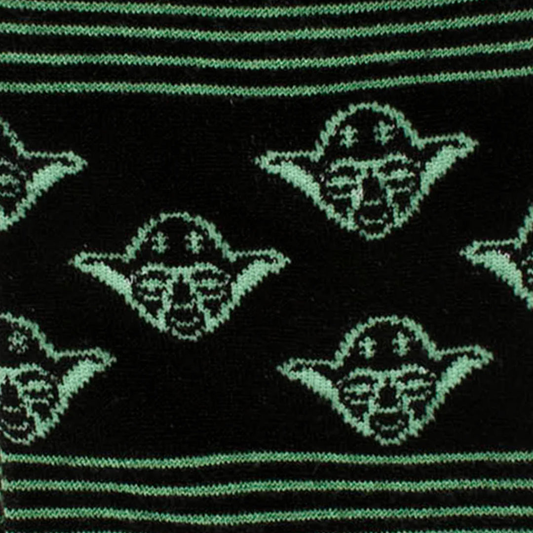 Star Wars Yoda Green and Black Ombre Pattern Dress Socks with Jedi Crest Lapel Pin, featuring black socks with a repeating green Yoda head pattern and horizontal striped bands.