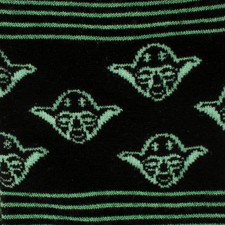 Star Wars Yoda Green and Black Ombre Pattern Dress Socks with Jedi Crest Lapel Pin, featuring black socks with a repeating green Yoda head pattern and horizontal striped bands.
