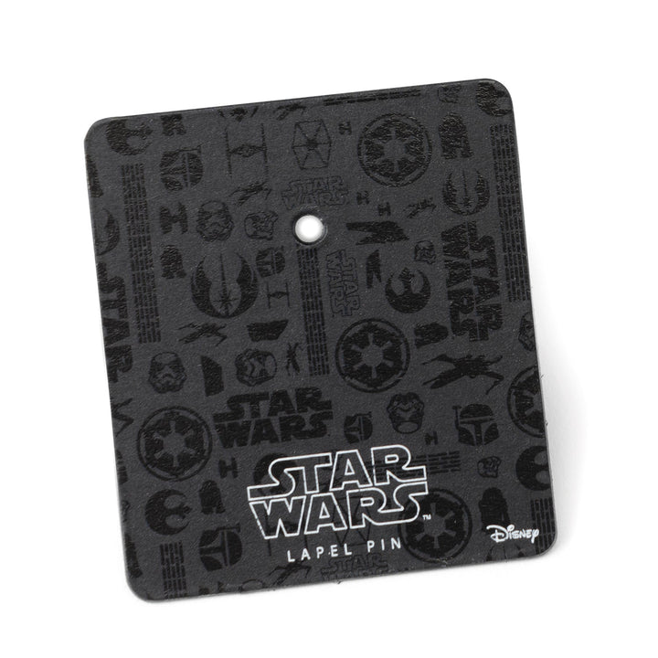 A black Star Wars Yoda Green and Navy Checkered Dress Socks and Jedi Crest Lapel Pin Gift Set display card patterned with logos and symbols, featuring the franchise logo and “LAPEL PIN” at the bottom.