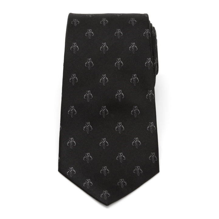Star Wars Mandalorian Mythosaur Black Silk Tie featuring an all-over pattern of small grey Mythosaur skull icons.