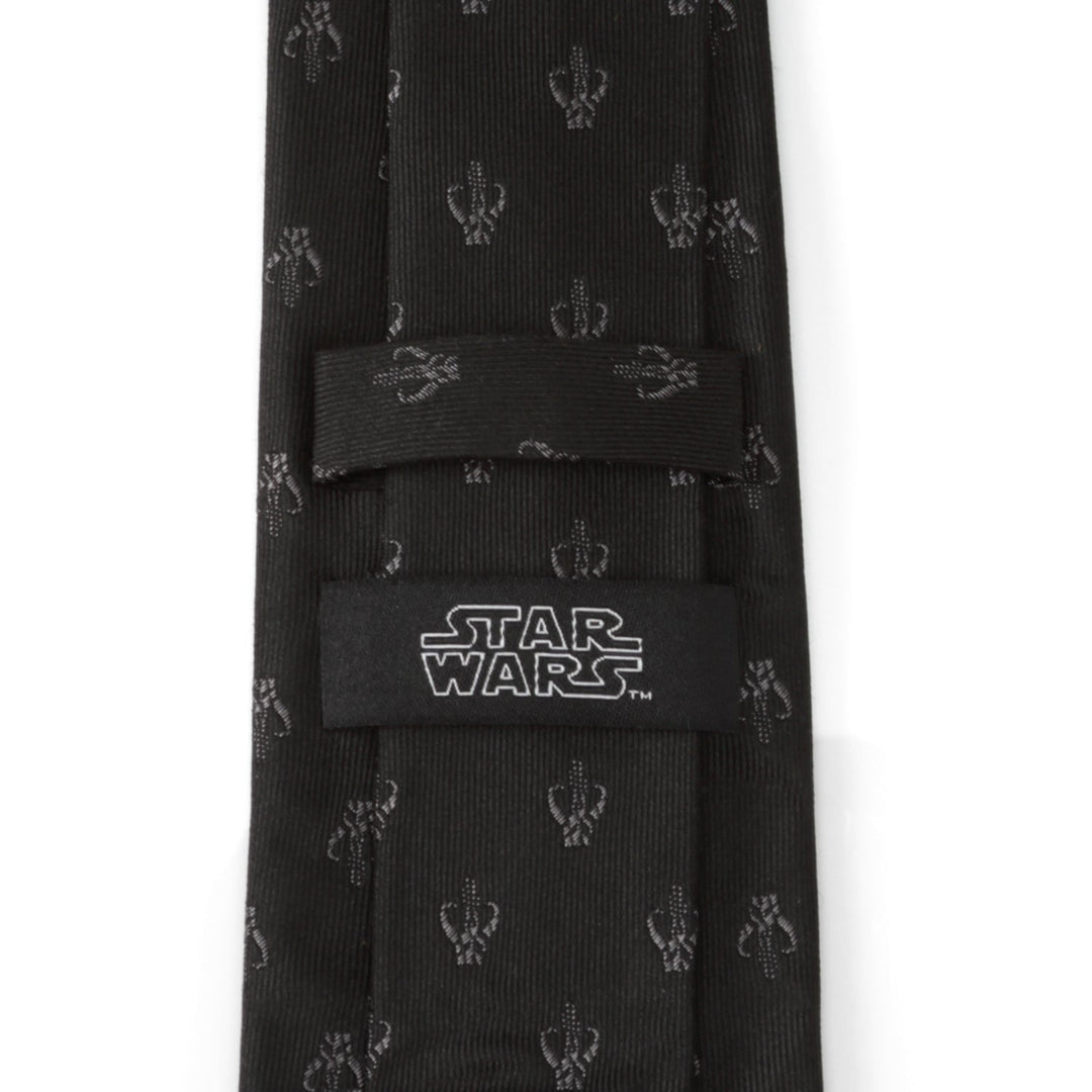 Star Wars Mandalorian Mythosaur Black Silk Tie featuring a repeating grey Mythosaur skull pattern and a Star Wars label on the back.