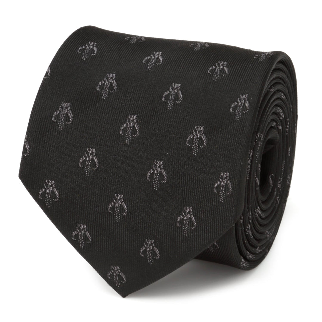 Star Wars Mandalorian Mythosaur Black Silk Tie rolled up to reveal a repeating gray Mythosaur skull pattern.