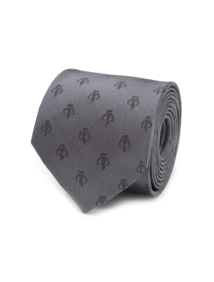 Gray Star Wars Mandalorian Mythosaur Gray Silk Tie featuring a repeating dark gray Mythosaur skull pattern.