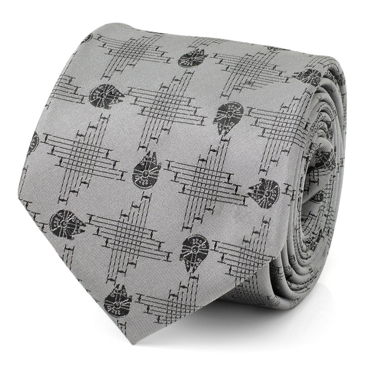 Star Wars Millennium Falcon Gray Tie in gray silk blend with a repeating black pattern of Millennium Falcon spaceships and geometric grid lines.