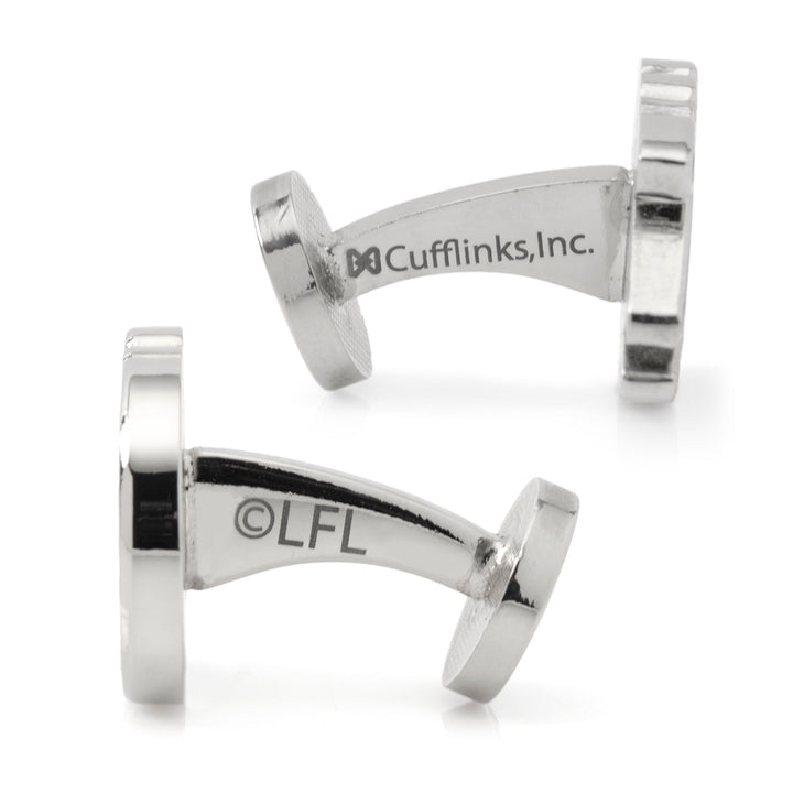 Star Wars Millennium Falcon Silver Inlaid Cufflinks shown in silver tone with posts engraved with “Cufflinks, Inc.” and “©LFL”.