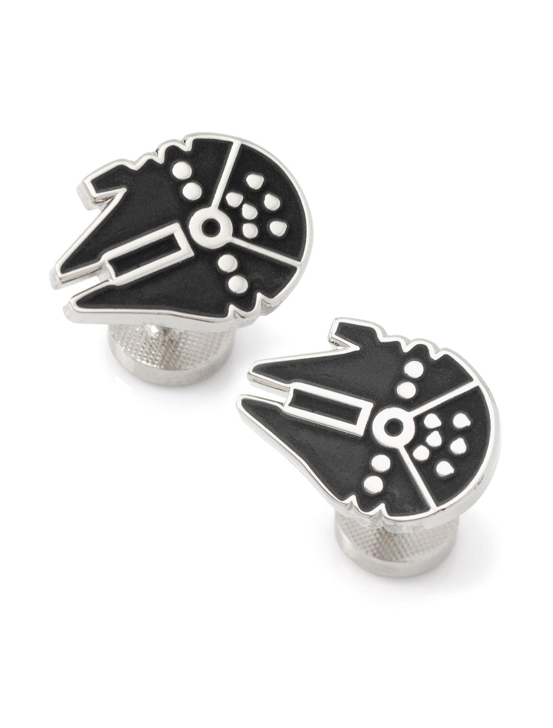Star Wars Millennium Falcon Silver Inlaid Cufflinks featuring a pair of silver Millennium Falcon designs with black inlaid details.