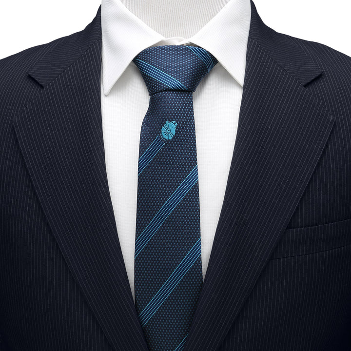 A blue Star Wars Millennium Falcon Blue Striped Tie with diagonal stripes, worn with a white dress shirt and pinstriped suit jacket.
