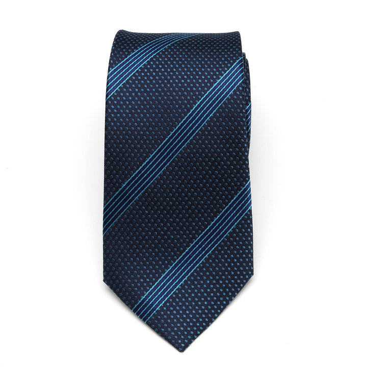 Star Wars Millennium Falcon Blue Striped Tie in dark blue silk with a micro-dot pattern and diagonal light blue stripes featuring subtle Millennium Falcon silhouettes.