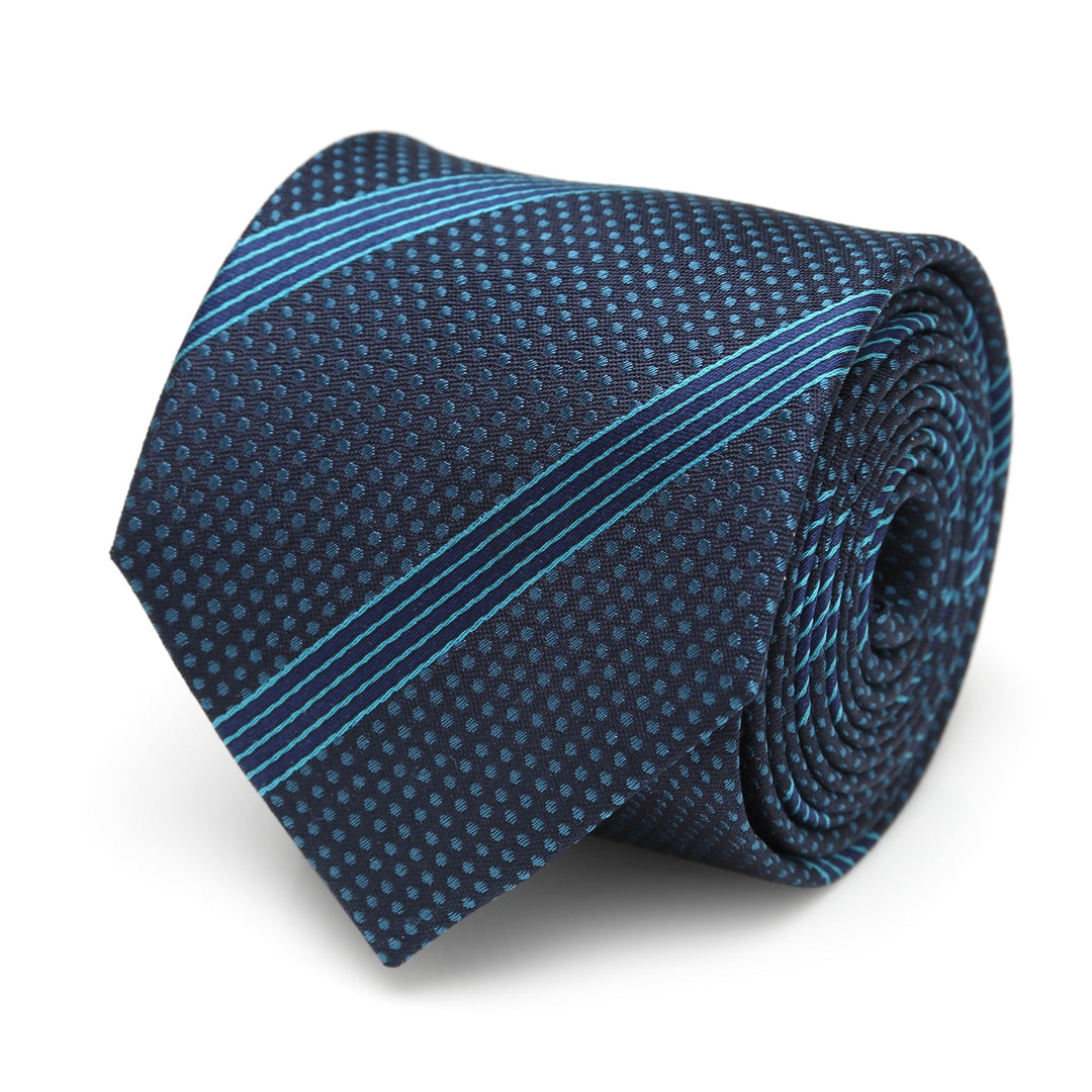 A dark blue Star Wars Millennium Falcon Blue Striped Tie, featuring a repeating pattern of Millennium Falcon silhouettes, small dots, and light blue diagonal stripes, rolled into a coil.