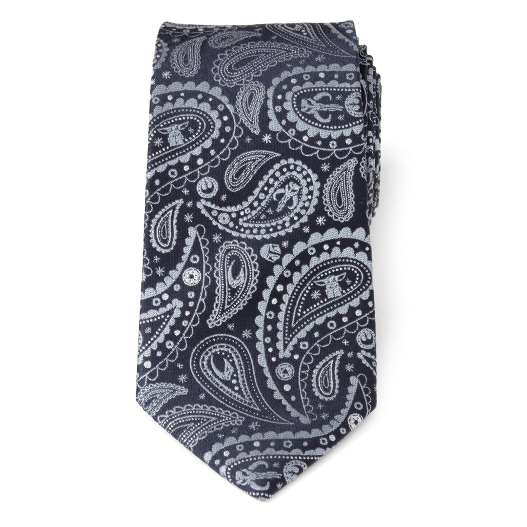 Star Wars Mandalorian Blue Paisley Tie in dark blue, featuring a repeating paisley pattern interspersed with small Grogu figures and Mandalorian helmet icons.