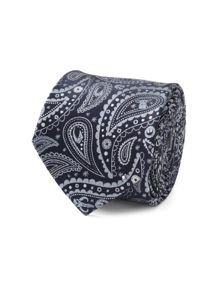 Star Wars Mandalorian Blue Paisley Tie in 100% silk, featuring a dark blue background with a light blue paisley pattern and small helmet icons.